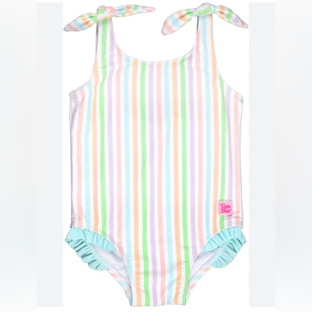 RuffleButts Girls UPF50+ Pale Rainbow Stripe Tie Shoulder One Piece Swimsuit